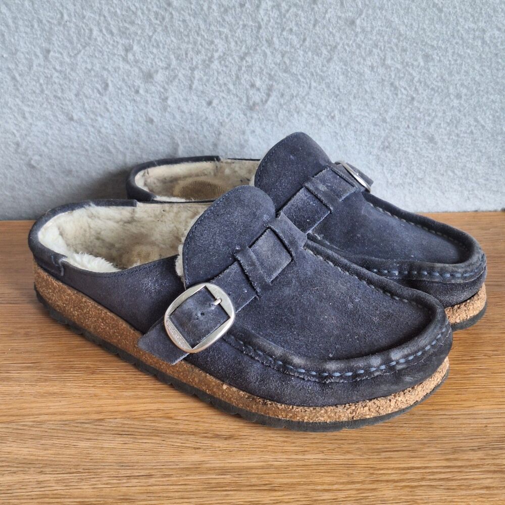 Birkenstock Women's Gray Suede Shearling Mule Clogs with Buckle